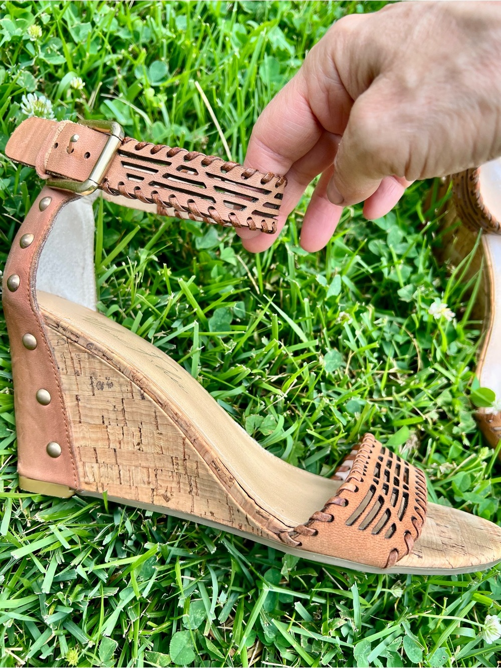 Marc Fisher braided leather Aztec cork wedge studded wedge sandal tan brown 8